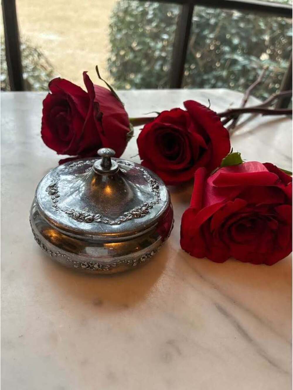 Antique Silver Plated Vanity Powder Jar with Floral Detail